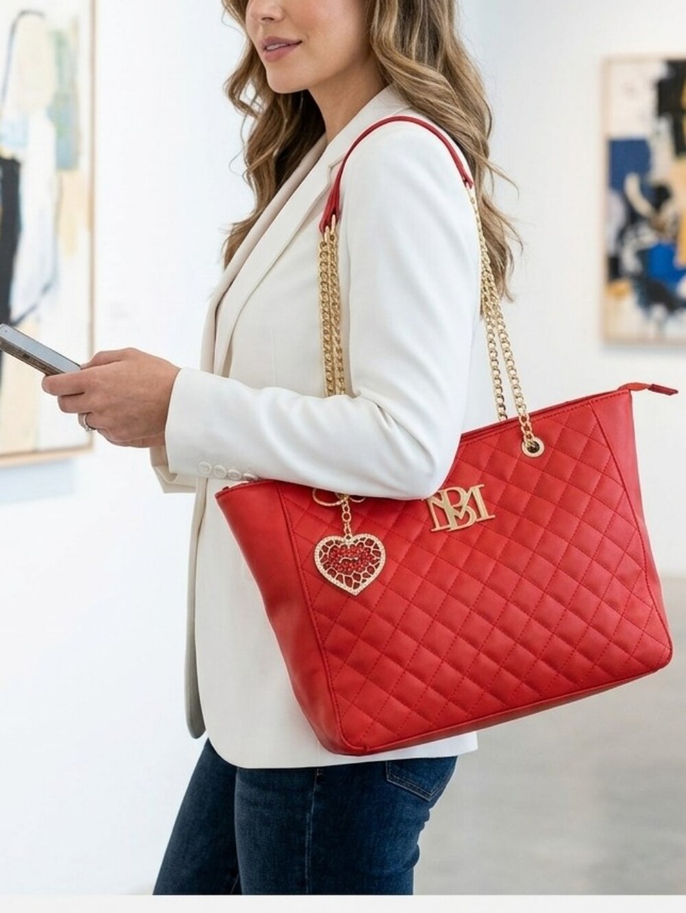 Badgley Miscka Red Quilted Tote Bag with Gold Chain Handles And Heart Key Chain